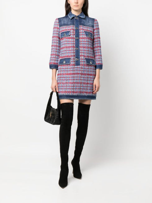 panelled tweed denim mini dress